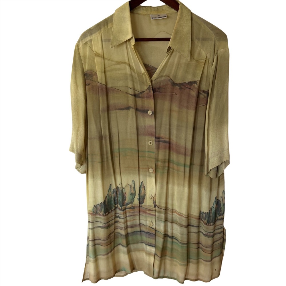 Dorisstreich Scenic Landscape Print Button Down Shirt‎ Green Mauve Size 46 Lagen